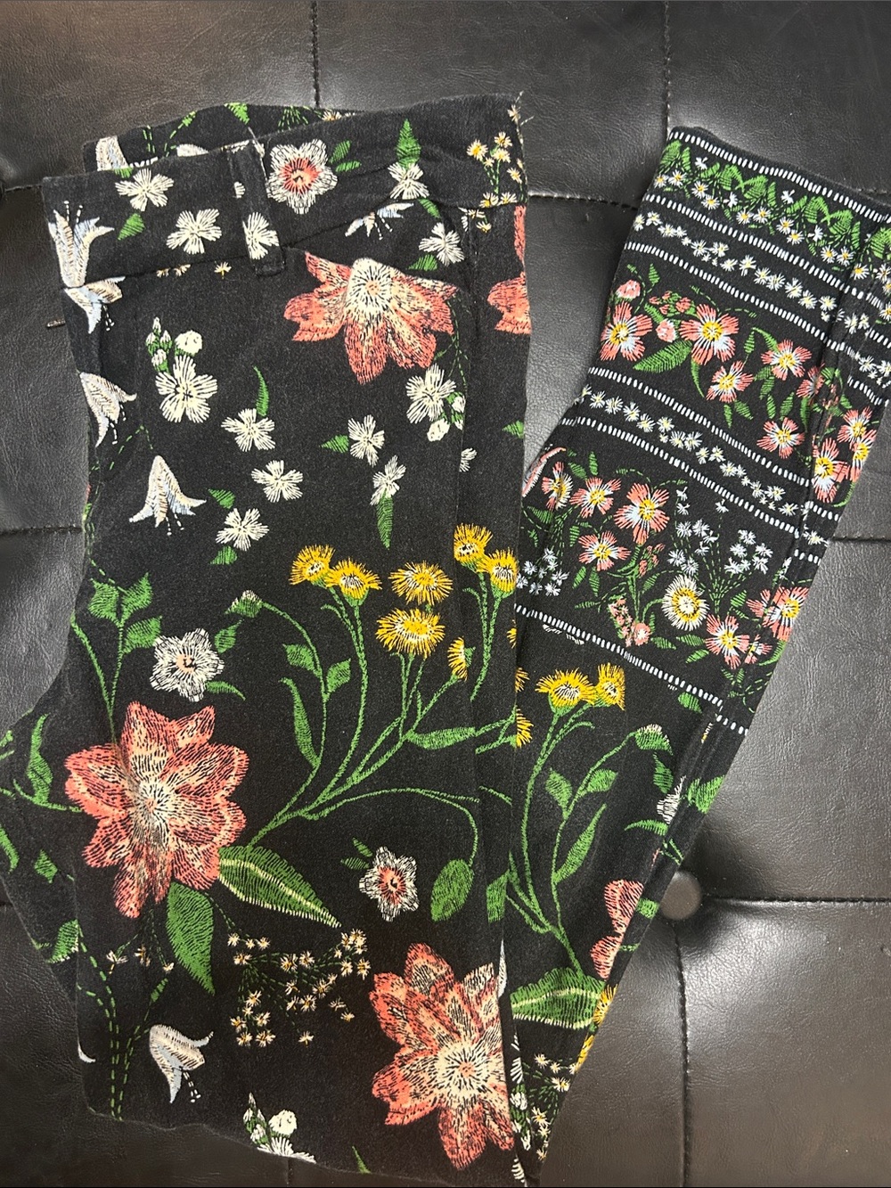 Old Navy Black Floral Print Pants with Pink, Yellow and Green Blooms